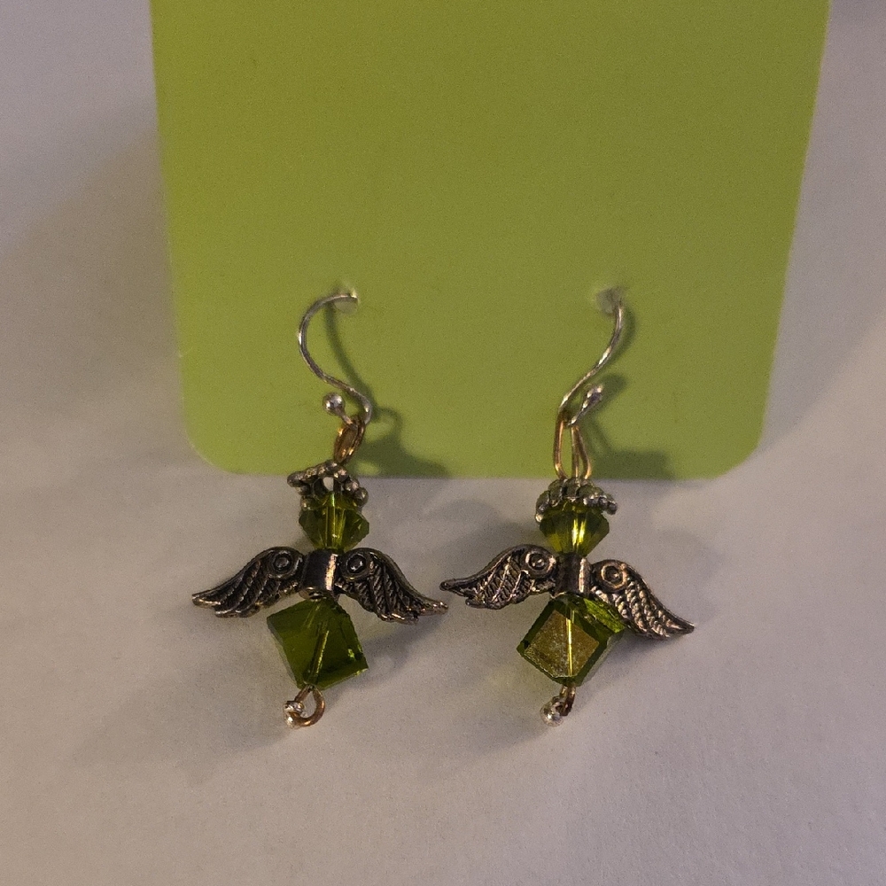 Silver and Green Angel Earrings